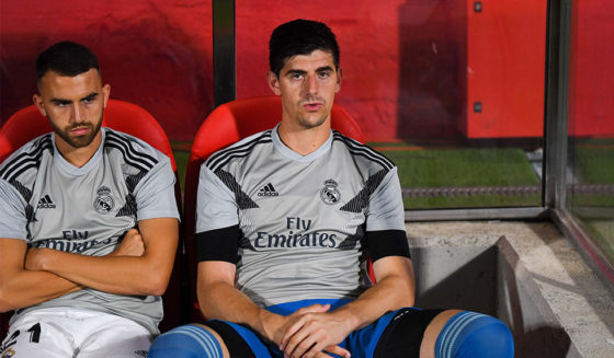 GIRONA, SPAIN - AUGUST 26: Thibaut Courtois of Real Madrid CF looks on from the bench prior to the La Liga match between Girona FC and Real Madrid CF at Montilivi Stadium on August 26, 2018 in Girona, Spain. (Photo by David Ramos/Getty Images)