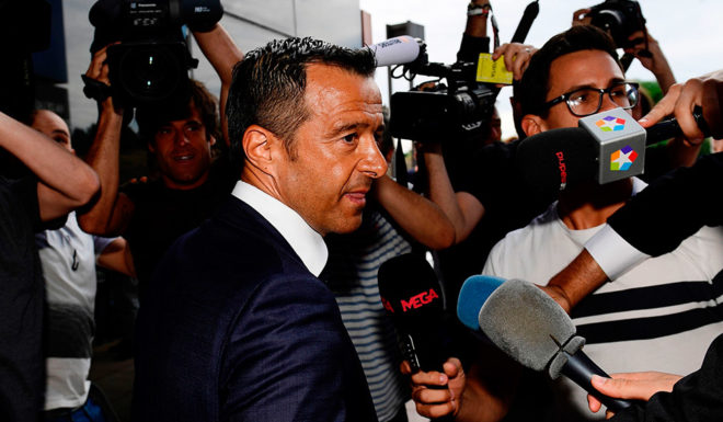 Footballing super-agent Jorge Mendes (C), surrounded by journalists, arrives at the Court in Pozuelo de Alarcon on June 27, 2017 to be questioned by Spanish judge as part of a probe into Colombian striker Radamel Falcao's alleged tax evasion. / AFP PHOTO / PIERRE-PHILIPPE MARCOU (Photo credit should read PIERRE-PHILIPPE MARCOU/AFP/Getty Images)