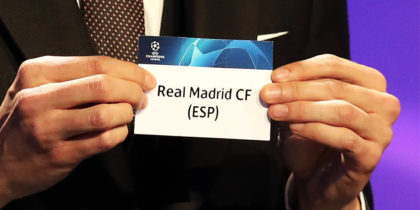 Brazilian former football player Kaka shows the name of Real Madrid during the draw for UEFA Champions League football tournament at The Grimaldi Forum in Monaco on August 30, 2018. (Photo by Valery HACHE / AFP) (Photo credit should read VALERY HACHE/AFP/Getty Images)