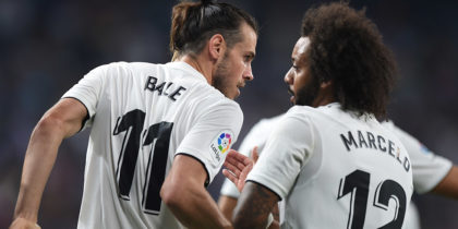 MADRID, SPAIN - AUGUST 19: Gareth Bale of Real Madrid celebrates with Marcelo after scoring his team's second goal during the La Liga match between Real Madrid CF and Getafe CF at Estadio Santiago Bernabeu on August 19, 2018 in Madrid, Spain. (Photo by Denis Doyle/Getty Images)