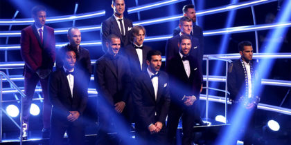 LONDON, ENGLAND - OCTOBER 23: Gianluigi Buffon, Dani Alves, Leonardo Bonucci, Sergio Ramos, Marcelo; Luka Modric, Toni Kroos, Andres Iniesta; Lionel Messi, Cristiano Ronaldo and Neymar are named The Fifa FifPro World XI during The Best FIFA Football Awards Show on October 23, 2017 in London, England. (Photo by Michael Steele/Getty Images)