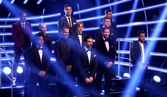LONDON, ENGLAND - OCTOBER 23: Gianluigi Buffon, Dani Alves, Leonardo Bonucci, Sergio Ramos, Marcelo; Luka Modric, Toni Kroos, Andres Iniesta; Lionel Messi, Cristiano Ronaldo and Neymar are named The Fifa FifPro World XI during The Best FIFA Football Awards Show on October 23, 2017 in London, England. (Photo by Michael Steele/Getty Images)