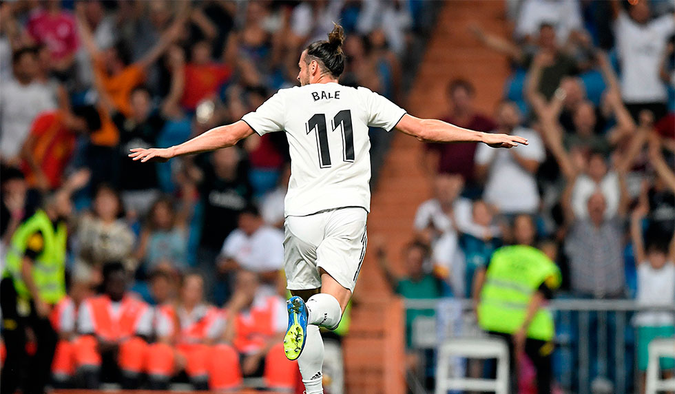 Real Madrid's Welsh forward Gareth Bale celebrates after scoring a goal during the Spanish league football match between Real Madrid CF and Club Deportivo Leganes SAD at the Santiago Bernabeu stadium in Madrid on September 1, 2018. (Photo by GABRIEL BOUYS / AFP) (Photo credit should read GABRIEL BOUYS/AFP/Getty Images)