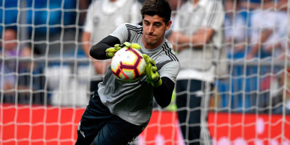 Real Madrid's Belgian goalkeeper Thibaut Courtois warms up before the Spanish league football match between Real Madrid CF and Club Deportivo Leganes SAD at the Santiago Bernabeu stadium in Madrid on September 1, 2018. (Photo by GABRIEL BOUYS / AFP) (Photo credit should read GABRIEL BOUYS/AFP/Getty Images)