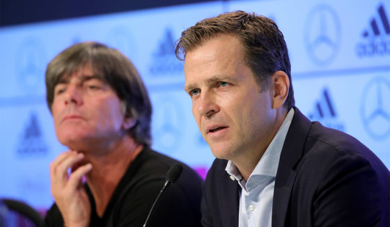 MUNICH, GERMANY - AUGUST 29: Team manager of Germany Oliver Bierhoff (R) talks to the media whilst head coach Joachim Loew (L) looks on at Allianz Arena on August 29, 2018 in Munich, Germany. Joachim Loew has scheduled this press conference to update the public on his research into the failure of the German team at the 2018 FIFA World Cup Russia after Germany didn't make it to the knockout stages of a World Cup for the first time in history. (Photo by Alexander Hassenstein/Bongarts/Getty Images)