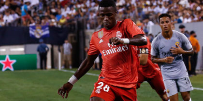 EAST RUTHERFORD, NJ - AUGUST 7: Rick Karsdorp #2 of Roma defends Vinicius Junior #28 of Real Madrid during their match at MetLife Stadium on August 7, 2018 in East Rutherford, New Jersey. (Photo by Jeff Zelevansky/Getty Images)