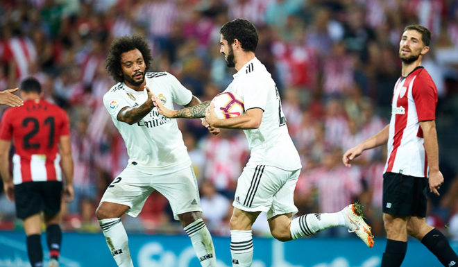 BILBAO, SPAIN - SEPTEMBER 15: Isco Alarcon of Real Madrid celebrates after scoring goal during the La Liga match between Athletic Club Bilbao and Real Madrid at San Mames Stadium on September 15, 2018 in Bilbao, Spain. (Photo by Juan Manuel Serrano Arce/Getty Images)
