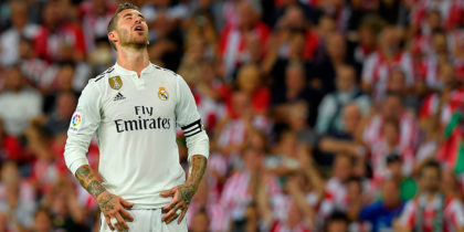 Real Madrid's Spanish defender Sergio Ramos reacts during the Spanish league football match between Athletic Club Bilbao and Real Madrid CF at the San Mames stadium in Bilbao on September 15, 2018. (Photo by LLUIS GENE / AFP) (Photo credit should read LLUIS GENE/AFP/Getty Images)
