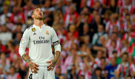 Real Madrid's Spanish defender Sergio Ramos reacts during the Spanish league football match between Athletic Club Bilbao and Real Madrid CF at the San Mames stadium in Bilbao on September 15, 2018. (Photo by LLUIS GENE / AFP) (Photo credit should read LLUIS GENE/AFP/Getty Images)