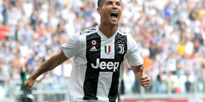 TURIN, ITALY - SEPTEMBER 16: Cristiano Ronaldo of Juventus FC celebrates after scoring the opening goal during the serie A match between Juventus and US Sassuolo at Allianz Stadium on September 16, 2018 in Turin, Italy. (Photo by Emilio Andreoli/Getty Images)