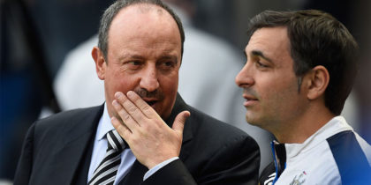 NEWCASTLE UPON TYNE, ENGLAND - MAY 15: Newcastle manager Rafa Benitez chats with assistant Fabio Pecchia (r) before the Premier League match between Newcastle United and Tottenham Hotspur at St James' Park on May 15, 2016 in Newcastle upon Tyne, England. (Photo by Stu Forster/Getty Images)