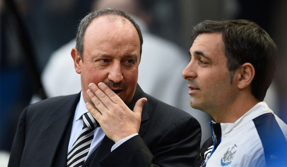 NEWCASTLE UPON TYNE, ENGLAND - MAY 15: Newcastle manager Rafa Benitez chats with assistant Fabio Pecchia (r) before the Premier League match between Newcastle United and Tottenham Hotspur at St James' Park on May 15, 2016 in Newcastle upon Tyne, England. (Photo by Stu Forster/Getty Images)