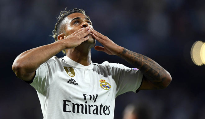 Real Madrid's Spanish-Dominican forward Mariano celebrates his goal during the UEFA Champions League group G football match between Real Madrid CF and AS Roma at the Santiago Bernabeu stadium in Madrid on September 19, 2018. (Photo by GABRIEL BOUYS / AFP) (Photo credit should read GABRIEL BOUYS/AFP/Getty Images)