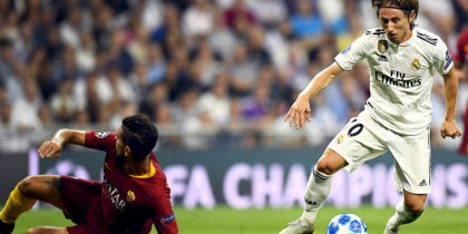 Real Madrid's Croatian midfielder Luka Modric controls the ball during the UEFA Champions League group G football match between Real Madrid CF and AS Roma at the Santiago Bernabeu stadium in Madrid on September 19, 2018. (Photo by GABRIEL BOUYS / AFP) (Photo credit should read GABRIEL BOUYS/AFP/Getty Images)