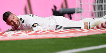 Real Madrid's Spanish defender Sergio Ramos reacts after missing a goal opportunity during the Spanish league football match between Real Madrid CF and RCD Espanyol at the Santiago Bernabeu stadium in Madrid on September 22, 2018. (Photo by JAVIER SORIANO / AFP) (Photo credit should read JAVIER SORIANO/AFP/Getty Images)