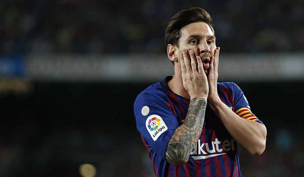 Barcelona's Argentinian forward Lionel Messi gestures during the Spanish league football match between FC Barcelona and Girona FC at the Camp Nou stadium in Barcelona on September 23, 2018. (Photo by Pau Barrena / AFP) (Photo credit should read PAU BARRENA/AFP/Getty Images)