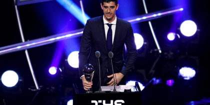 LONDON, ENGLAND - SEPTEMBER 24: Thibaut Courtois of Real Madrid receives the trophy for The Best FIFA Goalkeeper 2018 during the The Best FIFA Football Awards Show at Royal Festival Hall on September 24, 2018 in London, England. (Photo by Dan Istitene/Getty Images)