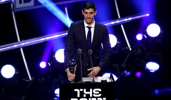 LONDON, ENGLAND - SEPTEMBER 24: Thibaut Courtois of Real Madrid receives the trophy for The Best FIFA Goalkeeper 2018 during the The Best FIFA Football Awards Show at Royal Festival Hall on September 24, 2018 in London, England. (Photo by Dan Istitene/Getty Images)
