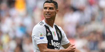 Juventus' Portuguese forward Cristiano Ronaldo reacts during the Italian Serie A football match Juventus vs Sassuolo on September 16, 2018 at the Juventus stadium in Turin. (Photo by Miguel MEDINA / AFP) (Photo credit should read MIGUEL MEDINA/AFP/Getty Images)