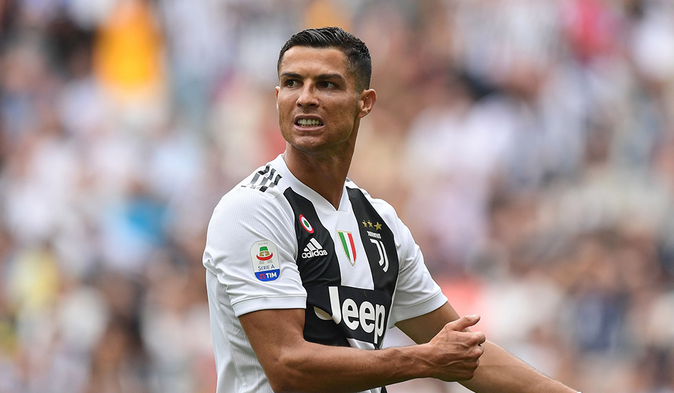 Juventus' Portuguese forward Cristiano Ronaldo reacts during the Italian Serie A football match Juventus vs Sassuolo on September 16, 2018 at the Juventus stadium in Turin. (Photo by Miguel MEDINA / AFP) (Photo credit should read MIGUEL MEDINA/AFP/Getty Images)