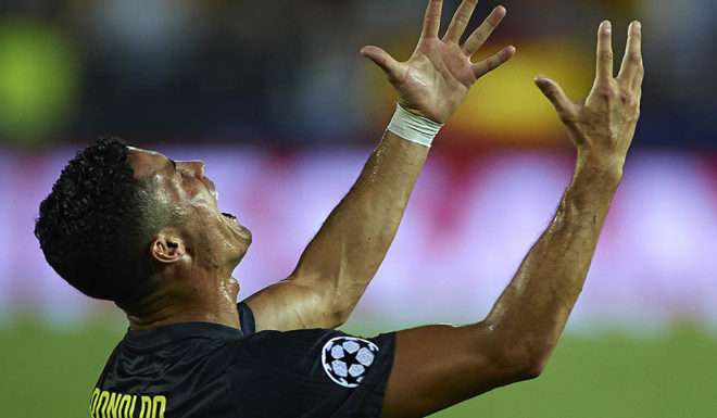 VALENCIA, SPAIN - SEPTEMBER 19: Cristano Ronaldo of Juventus reacts after his red card during the Group H match of the UEFA Champions League between Valencia and Juventus at Estadio Mestalla on September 19, 2018 in Valencia, Spain. (Photo by Manuel Queimadelos Alonso/Getty Images)