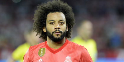 Real Madrid's Brazilian defender Marcelo (C) looks on before the Spanish league football match Sevilla FC against Real Madrid CF at the Ramon Sanchez Pizjuan stadium in Seville on September 26, 2018. (Photo by CRISTINA QUICLER / AFP) (Photo credit should read CRISTINA QUICLER/AFP/Getty Images)