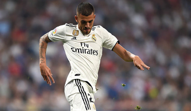 MADRID, SPAIN - SEPTEMBER 22: Daniel Ceballos of Real Madrid is tackled by Edinaldo Pereira Naldo of RCD Espanyolduring the La Liga match between Real Madrid CF and RCD Espanyol at Estadio Santiago Bernabeu on September 22, 2018 in Madrid, Spain. (Photo by Denis Doyle/Getty Images,)