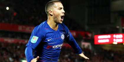 LIVERPOOL, ENGLAND - SEPTEMBER 26: Eden Hazard of Chelsea celebrates after he scores his sides second goal during the Carabao Cup Third Round match between Liverpool and Chelsea at Anfield on September 26, 2018 in Liverpool, England. (Photo by Jan Kruger/Getty Images)