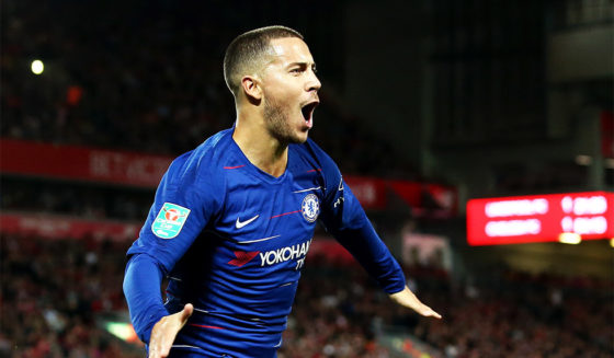 LIVERPOOL, ENGLAND - SEPTEMBER 26: Eden Hazard of Chelsea celebrates after he scores his sides second goal during the Carabao Cup Third Round match between Liverpool and Chelsea at Anfield on September 26, 2018 in Liverpool, England. (Photo by Jan Kruger/Getty Images)