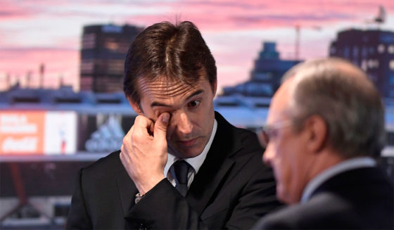 Real Madrid´s newly appointed coach Julen Lopetegui gestures during his official presentation at the Santiago Bernabeu stadium in Madrid on June 14, 2018. - Just a day after he was sacked on the eve of the World Cup, former Spain coach Julen Lopetegui arrived in Madrid to be officially presented as Real Madrid's new manager. (Photo by OSCAR DEL POZO / AFP) (Photo credit should read OSCAR DEL POZO/AFP/Getty Images)