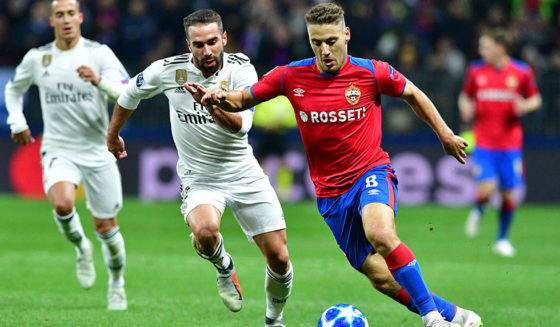 Real Madrid's Spanish defender Dani Carvajal and CSKA Moscow's Croatian midfielder Nikola Vlasic vie for the ball during the UEFA Champions League group G football match between PFC CSKA Moscow and Real Madrid CF at the Luzhniki stadium in Moscow on October 2, 2018. (Photo by Mladen ANTONOV / AFP) (Photo credit should read MLADEN ANTONOV/AFP/Getty Images)