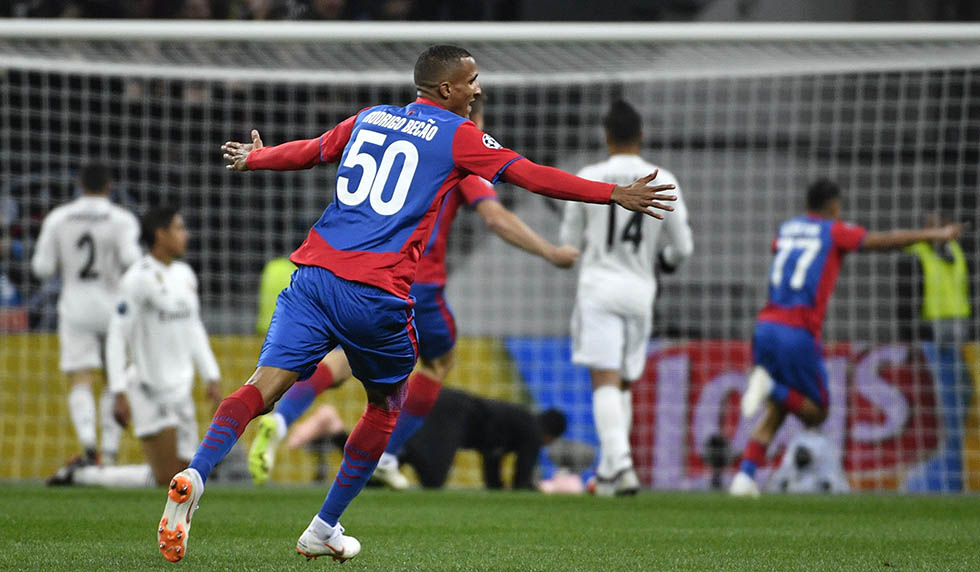 CSKA Moscow's Brazilian defender Rodrigo celebrates the opening goal scored by CSKA Moscow's Croatian midfielder Nikola Vlasic during the UEFA Champions League group G football match between PFC CSKA Moscow and Real Madrid CF at the Luzhniki stadium in Moscow on October 2, 2018. (Photo by Alexander NEMENOV / AFP) (Photo credit should read ALEXANDER NEMENOV/AFP/Getty Images)