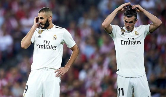 BILBAO, SPAIN - SEPTEMBER 15: Gareth Bale and Karim Benzema of Real Madrid reacts during the La Liga match between Athletic Club Bilbao and Real Madrid at San Mames Stadium on September 15, 2018 in Bilbao, Spain. (Photo by Juan Manuel Serrano Arce/Getty Images)