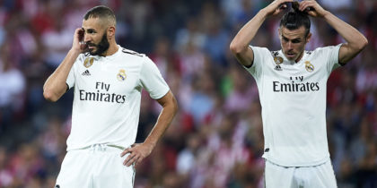 BILBAO, SPAIN - SEPTEMBER 15: Gareth Bale and Karim Benzema of Real Madrid reacts during the La Liga match between Athletic Club Bilbao and Real Madrid at San Mames Stadium on September 15, 2018 in Bilbao, Spain. (Photo by Juan Manuel Serrano Arce/Getty Images)