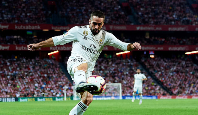 BILBAO, SPAIN - SEPTEMBER 15: Daniel Carvajal of Real Madrid in action during the La Liga match between Athletic Club Bilbao and Real Madrid at San Mames Stadium on September 15, 2018 in Bilbao, Spain. (Photo by Juan Manuel Serrano Arce/Getty Images)