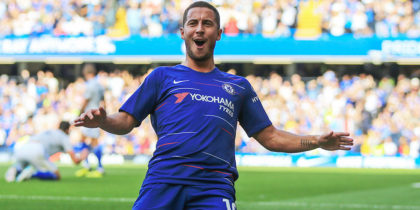 LONDON, ENGLAND - SEPTEMBER 15: Eden Hazard of Chelsea celebrates scoring the equalising goal during the Premier League match between Chelsea FC and Cardiff City at Stamford Bridge on September 15, 2018 in London, United Kingdom. (Photo by Marc Atkins/Getty Images)