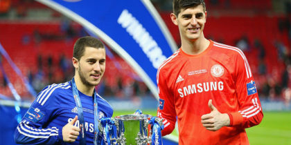 Eden Hazard and Thibaut Courtois of Chelsea pose with the trophy during the Capital One Cup Final match between Chelsea and Tottenham Hotspur at Wembley Stadium on March 1, 2015 in London, England. (Photo by Clive Mason/Getty Images)