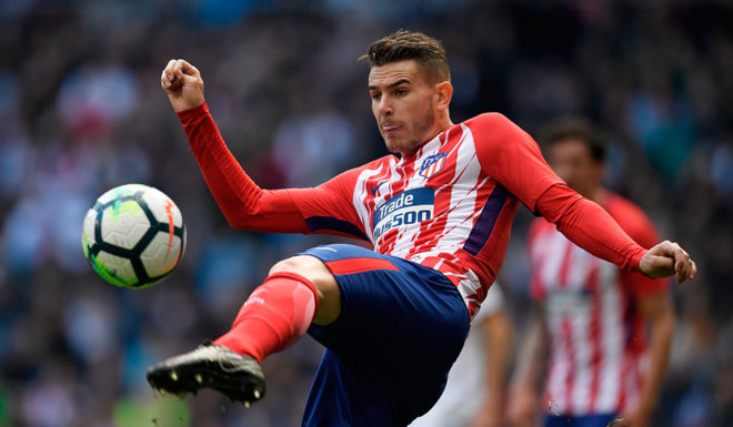 Atletico Madrid's French defender Lucas Hernandez controls the ball during the Spanish league football match between Real Madrid CF and Club Atletico de Madrid at the Santiago Bernabeu stadium in Madrid on April 8, 2018. / AFP PHOTO / GABRIEL BOUYS (Photo credit should read GABRIEL BOUYS/AFP/Getty Images)