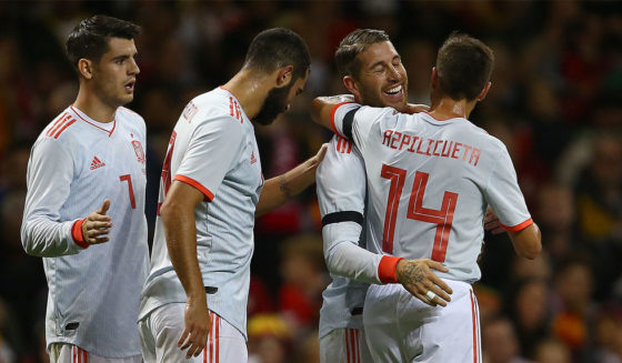 Spain's defender Sergio Ramos (2R) celebrates scoring his team's second goal during the international friendly football match between Wales and Spain at The Principality Stadium in Cardiff, south Wales, on October 11, 2018. (Photo by GEOFF CADDICK / AFP) (Photo credit should read GEOFF CADDICK/AFP/Getty Images)