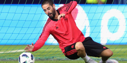 TALLINN, ESTONIA - AUGUST 14: Isco of Real Madrid CF safes the ball during a training session ahead of the UEFA Super Cup match against Atletico Madrid at Lillekuela Stadium on August 14, 2018 in Tallinn, Estonia. (Photo by Alexander Hassenstein/Getty Images)