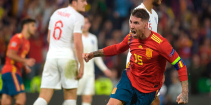 Spain's defender Sergio Ramos celebrates after scoring during the UEFA Nations League football match between Spain and England on October 15, 2018 at the Benito Villamarin stadium in Sevilla. (Photo by JORGE GUERRERO / AFP) (Photo credit should read JORGE GUERRERO/AFP/Getty Images)