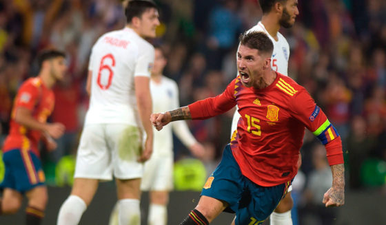 Spain's defender Sergio Ramos celebrates after scoring during the UEFA Nations League football match between Spain and England on October 15, 2018 at the Benito Villamarin stadium in Sevilla. (Photo by JORGE GUERRERO / AFP) (Photo credit should read JORGE GUERRERO/AFP/Getty Images)