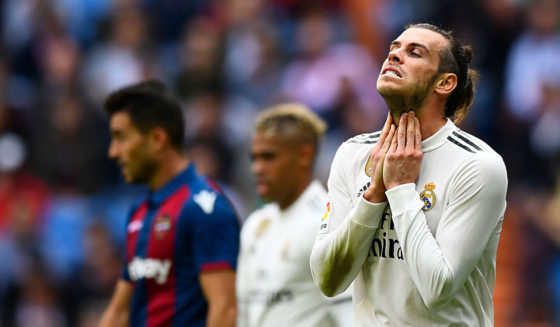 Real Madrid's Welsh forward Gareth Bale reacts during the Spanish league football match Real Madrid CF against Levante UD at the Santiago Bernabeu stadium in Madrid on October 20, 2018. (Photo by GABRIEL BOUYS / AFP) (Photo credit should read GABRIEL BOUYS/AFP/Getty Images)