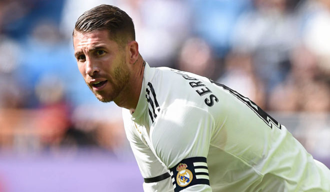 MADRID, SPAIN - OCTOBER 20: Sergio Ramos of Real Madrid reacts during the La Liga match between Real Madrid CF and Levante UD at Estadio Santiago Bernabeu on October 20, 2018 in Madrid, Spain. (Photo by Denis Doyle/Getty Images)