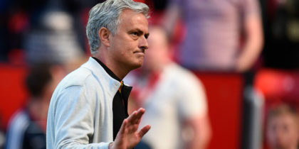 Manchester United's Portuguese manager Jose Mourinho waves as he leaves the pitch after the final whistle in the English Premier League football match between Manchester United and Watford at Old Trafford in Manchester, north west England, on May 13, 2018. (Photo by Oli SCARFF / AFP) / RESTRICTED TO EDITORIAL USE. No use with unauthorized audio, video, data, fixture lists, club/league logos or 'live' services. Online in-match use limited to 75 images, no video emulation. No use in betting, games or single club/league/player publications. / (Photo credit should read OLI SCARFF/AFP/Getty Images)