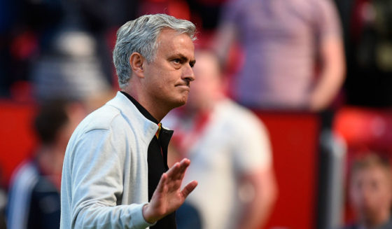 Manchester United's Portuguese manager Jose Mourinho waves as he leaves the pitch after the final whistle in the English Premier League football match between Manchester United and Watford at Old Trafford in Manchester, north west England, on May 13, 2018. (Photo by Oli SCARFF / AFP) / RESTRICTED TO EDITORIAL USE. No use with unauthorized audio, video, data, fixture lists, club/league logos or 'live' services. Online in-match use limited to 75 images, no video emulation. No use in betting, games or single club/league/player publications. / (Photo credit should read OLI SCARFF/AFP/Getty Images)