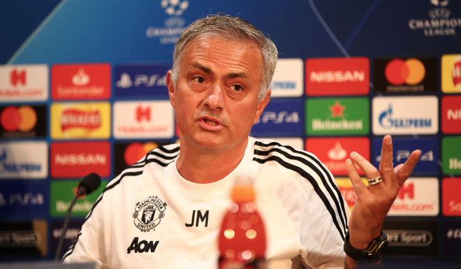 MANCHESTER, ENGLAND - OCTOBER 01: Jose Mourinho, Manager of Manchester United speaks to the media during a press conference ahead of their Group H match against Valencia in UEFA Champions League at Aon Training Complex on October 1, 2018 in Manchester, England. (Photo by Clive Brunskill/Getty Images)