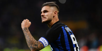 Inter Milan's Argentine forward Mauro Icardi celebrates scoring during the Italian Serie A football match Inter Milan vs AC Milan on October 21, 2018 at the San Siro stadium in Milan. (Photo by Marco BERTORELLO / AFP) (Photo credit should read MARCO BERTORELLO/AFP/Getty Images)