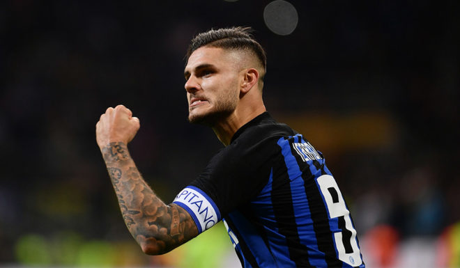 Inter Milan's Argentine forward Mauro Icardi celebrates scoring during the Italian Serie A football match Inter Milan vs AC Milan on October 21, 2018 at the San Siro stadium in Milan. (Photo by Marco BERTORELLO / AFP) (Photo credit should read MARCO BERTORELLO/AFP/Getty Images)