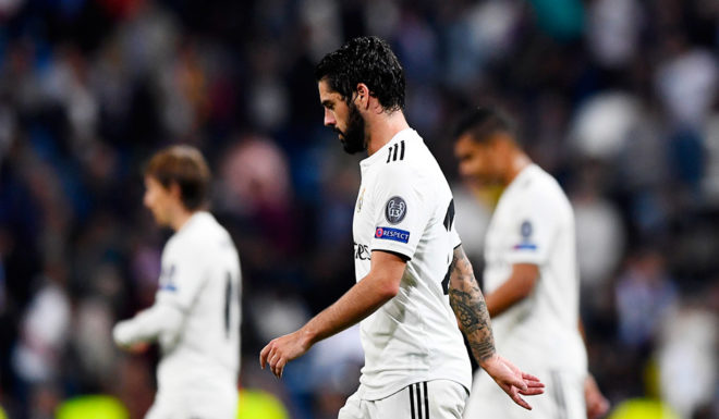 Real Madrid's Spanish midfielder Isco leaves the pitch for the break during the UEFA Champions League group G football match between Real Madrid CF and FC Viktoria Plzen at the Santiago Bernabeu stadium in Madrid on October 23, 2018. (Photo by GABRIEL BOUYS / AFP) (Photo credit should read GABRIEL BOUYS/AFP/Getty Images)
